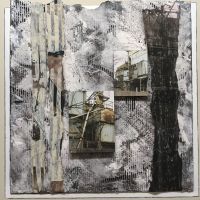 Cement Factory 14, 18” x 20” Mixed Media
Paint, paper cardboard, craquelure glaze, photographs.