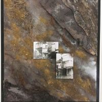 Cement Factory 2, 36" x 29", Mixed Media
Paint on plywood, pulp paper, sand and gravel,
roots, torn cloth, reeds, photograph. Cement Factory 2