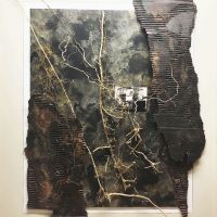 Cement Factory 4, 35” x 49”, Mixed Media
Paint on plywood, sand and gravel, corrugated cardboard,
Roots, photograph