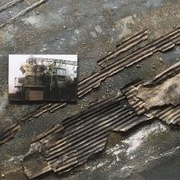 Cement Factory 5, 33” x 43”, Mixed Media
Paint on plywood, plaster, corrugated cardboard,
sand and gravel, photograph