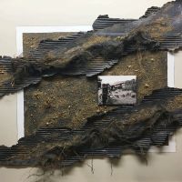 Quarry, Moel Fferna 1, 41” x 33”,
Paint and graphite on vellum, sand and gravel, roots, burlap,
corrugated cardboard, photographs