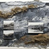 Quarry, Moel Fferna 10, 26” x 23”
Paint, sand and gravel, graphite, shellac, pulp paper, burlap,
cardboard, photograph, on vellum.