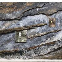 Quarry, Moel Fferna 11, 35” x 29”
Paint, plaster, sand and gravel, graphite, shellac, pulp paper, roots,
cardboard, fence fragments, photograph, decayed wood, on vellum.