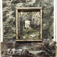 Quarry, Moel Fferna 14, 23” x 25”
Paint, vellum, graphite, plaster, decayed wood framing,
hand tinted photograph on vellum.