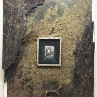 Quarry, Moel Fferna 3, 35” x 44 ½”,
Paint on plywood, sand and gravel, roots and dried vegetation, corrugated cardboard, photograph, aged wood framing.