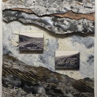 Quarry, Moel Fferna 7, 21” x 26”
Paint, graphite, shellac, pulp paper, sand and gravel, cardboard,
craquelure glaze, photographs on vellum.