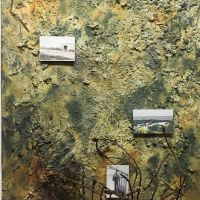 WW11 Remains, 43 ½” x 31”,
Paint and plaster on plywood, burlap, rusted fencing, photographs.